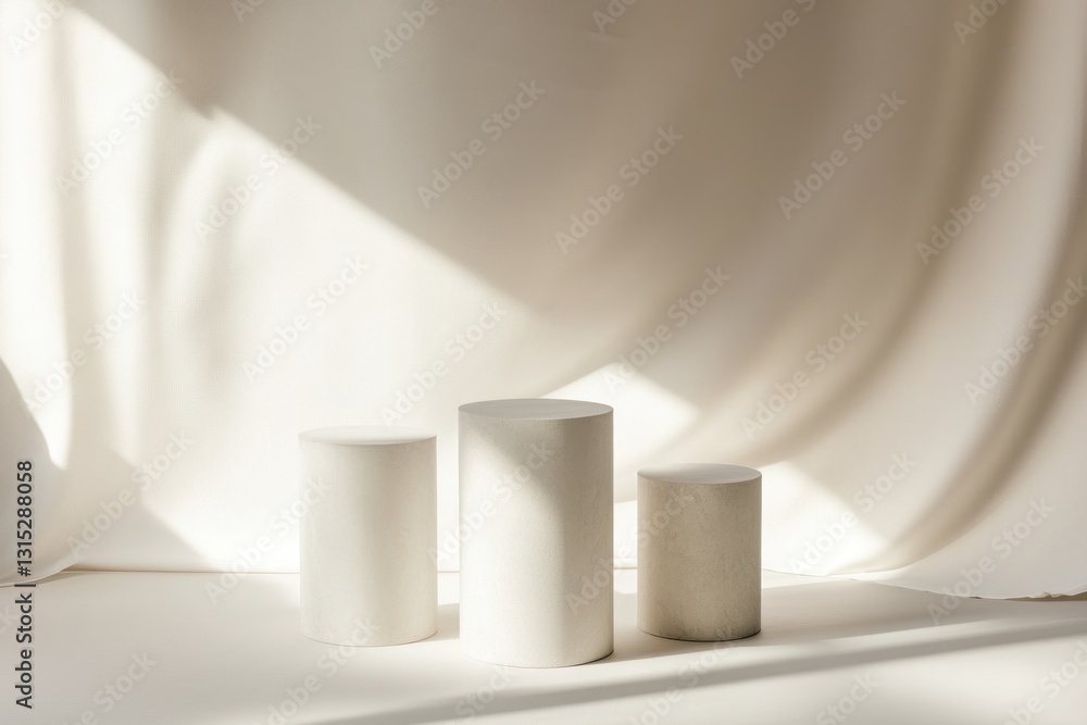 Three white cylindrical display stands on beige fabric backdrop with sunlight. Three white cylindrical display stands on beige fabric backdrop with sunlight.