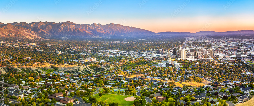 Salt Lake City skyline panorama at sunset. Salt Lake City is the capital and most populous city of the U.S. state of Utah
