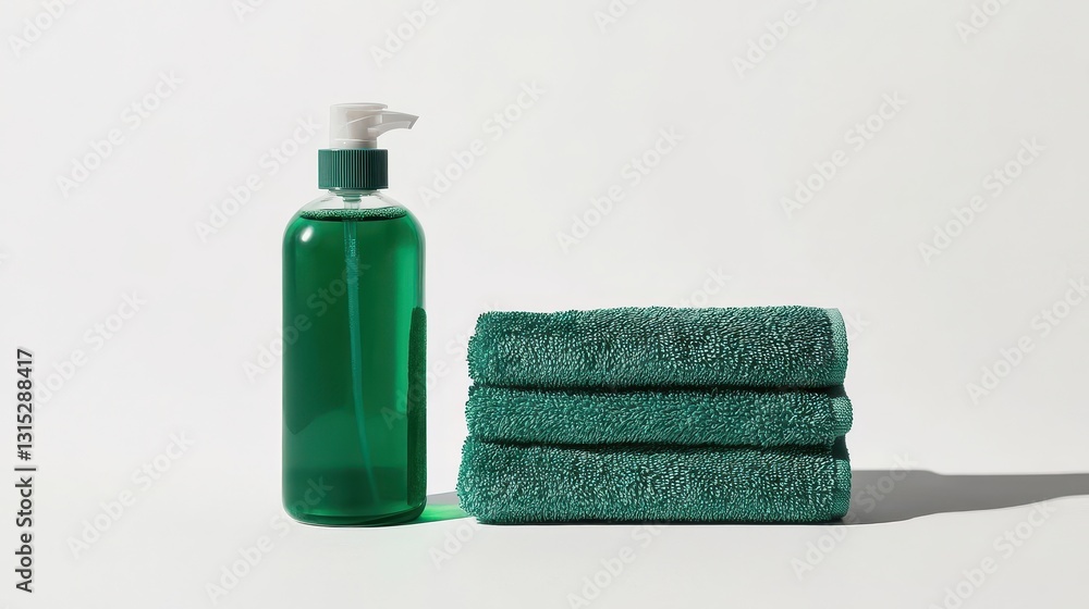 A bottle of premium hand sanitizer, with a minimalist design, placed next to a stack of clean towels, on a white isolated background A bottle of premium hand sanitizer, with a minimalist design, placed next to a stack of clean towels, on a white isolated background