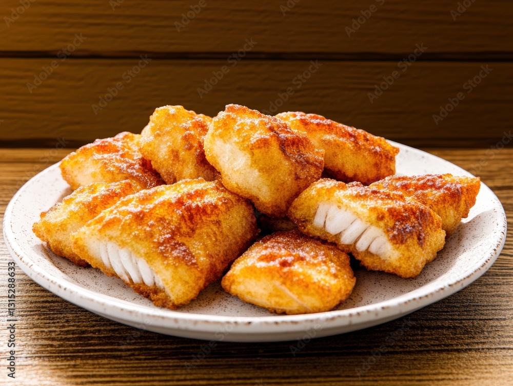 A plate of fish and chips displayed on a table with tartar sauce, lemon wedge, and a rustic wooden background A plate of fish and chips displayed on a table with tartar sauce, lemon wedge, and a rustic wooden background