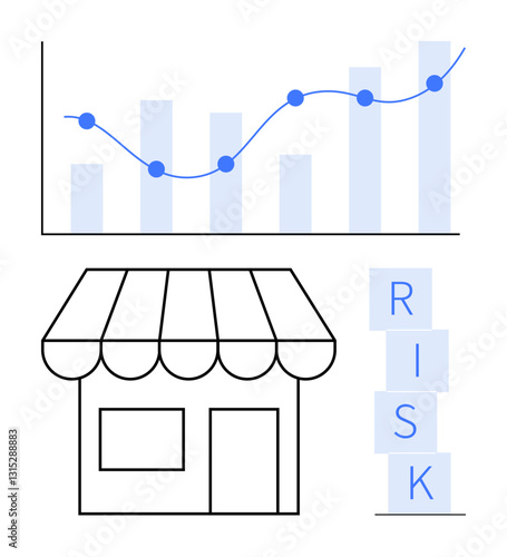 Line art shopfront under a bar chart with a rising trend line and stacked RISK blocks. Ideal for business strategy, risk analysis, market trends, entrepreneurship, finance, growth strategies