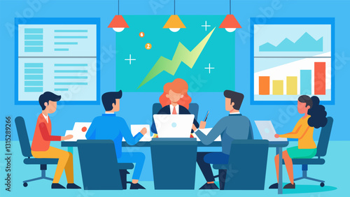 The studio boardroom is abuzz as the big data team presents their findings on the correlation between genre plot structure and box office returns revealing the key formula for. Vector illustration