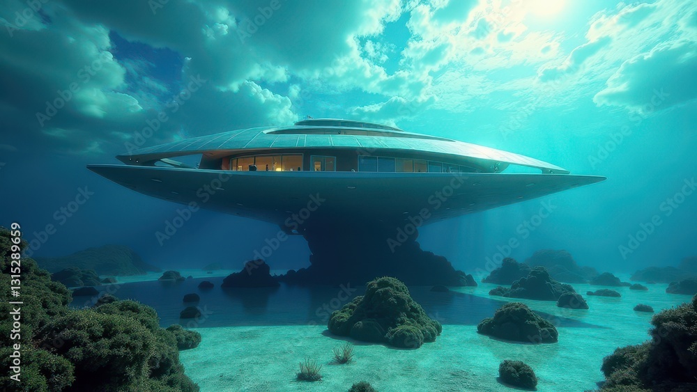 Underwater scene with futuristic submerged structure among coral reefs and sunlight rays Underwater scene with futuristic submerged structure among coral reefs and sunlight rays