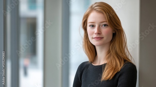 Free Download Young Woman with Red Hair Posing in Modern Indoor Environment - GFXLoad
