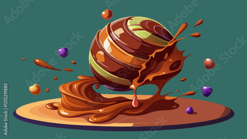 Chocolate bonbon dropping into liquid chocolate. 3d rendering, transparent PNG background, Generative