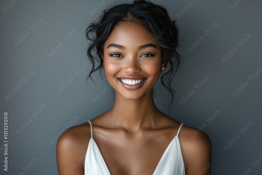 A beautiful young Black woman with a radiant smile, wearing a white dress and her hair styled elegantly. A beautiful young Black woman with a radiant smile, wearing a white dress and her hair styled elegantly.