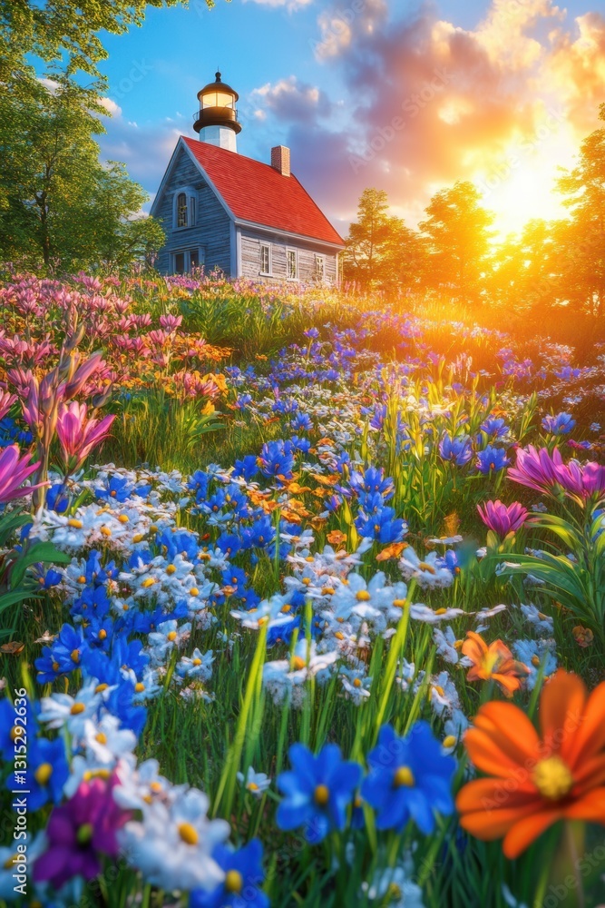 Beautiful colorful wild flowers with lighthouse at sea beach in Spring.