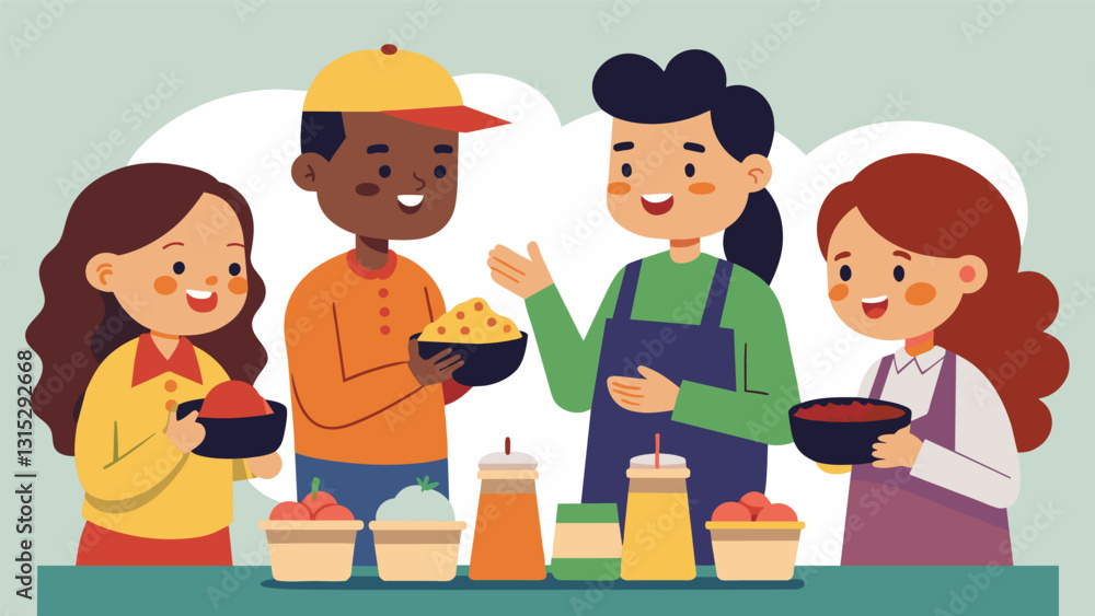 Vendors offering samples of different fillings enticing customers to try new and unique flavor combinations.. Vector illustration Vendors offering samples of different fillings enticing customers to try new and unique flavor combinations.. Vector illustration