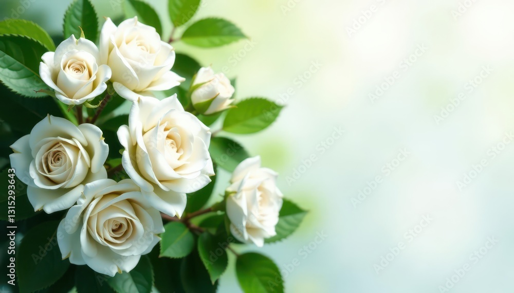 Dense cluster of snowy white rose blossoms, vibrant green leaves , leaves, flora, bloom Dense cluster of snowy white rose blossoms, vibrant green leaves , leaves, flora, bloom