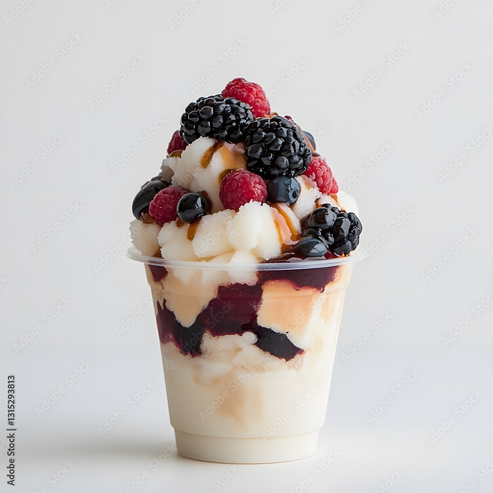Frozen yogurt dessert, berries, studio, caramel sauce, food photography Frozen yogurt dessert, berries, studio, caramel sauce, food photography