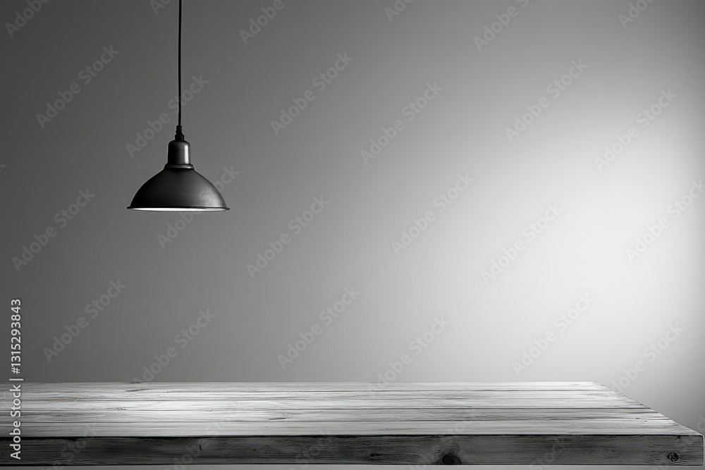 A minimalist scene with a hanging lamp above a rustic wooden table against a grey wall. A minimalist scene with a hanging lamp above a rustic wooden table against a grey wall.