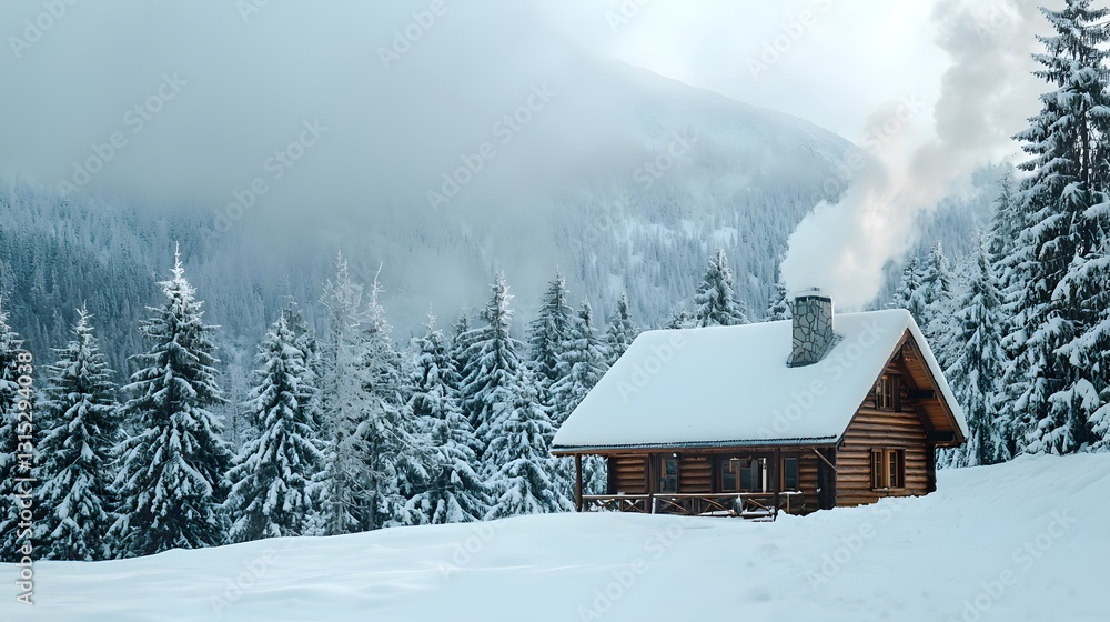 Cozy Mountain Cabin Surrounded by Snow with Smoke from Chimney Cozy Mountain Cabin Surrounded by Snow with Smoke from Chimney