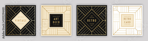 Retro geometric outline decorations. Art Deco vintage style frame set. Black, white, beige cards geometry design. Linear gold coloured elements. EPS 10 vector illustration.