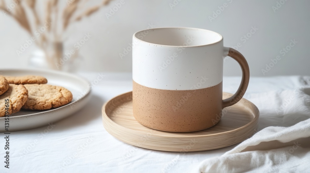 A high-quality ceramic mug with a minimalist design, placed next to a plate of cookies, on a white isolated background A high-quality ceramic mug with a minimalist design, placed next to a plate of cookies, on a white isolated background
