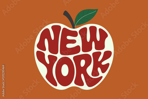 Bold retro illustration of an apple featuring 'New York' text in warm earthy tones.