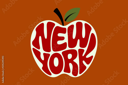 Retro-style logo of New York City featuring an oversized apple with bold lettering.