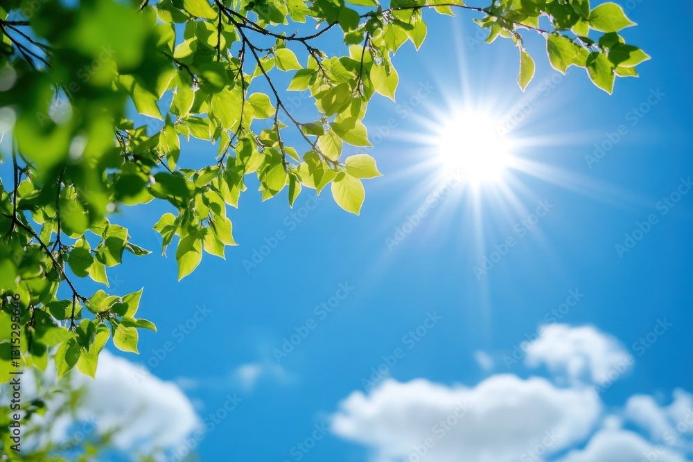 Sunny spring leaves, blue sky, clouds, nature background, website banner Sunny spring leaves, blue sky, clouds, nature background, website banner