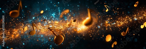 Golden notes hover in starry cosmic arena of sound
