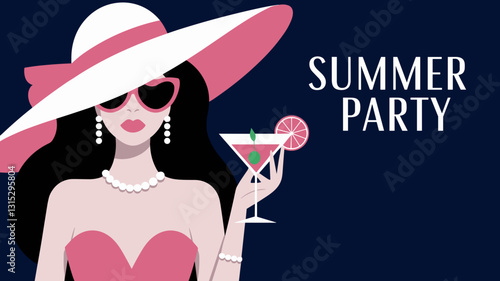 Stylish illustration of a woman in a pink hat enjoying a cocktail at a summer party event