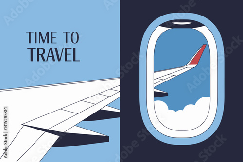 Stylized vector illustration of airplane wing showcasing a sky view, ideal for travel themes.