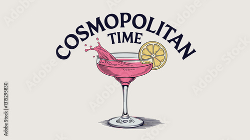 Vintage-style illustration of a cosmopolitan cocktail with a lemon slice and splash, elegant design.