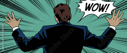 Comic-style illustration of a man expressing amazement, featuring bold lines and vibrant colors in the background