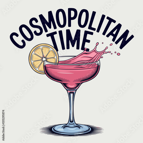Vibrant cartoon illustration of a Cosmopolitan cocktail with lemon slice and splashes, modern design