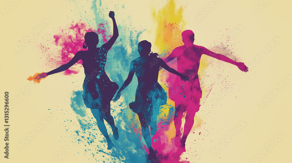 Naklejka premium Silhouettes of people dancing joyfully in a colorful explosion of Holi powder, celebrating the festival’s vibrance and energy.