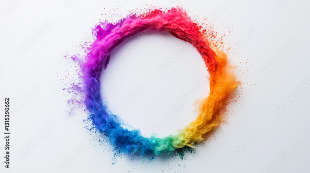 Circular explosion of Holi colors on a white background, creating a dynamic and festive abstract composition. Circular explosion of Holi colors on a white background, creating a dynamic and festive abstract composition.