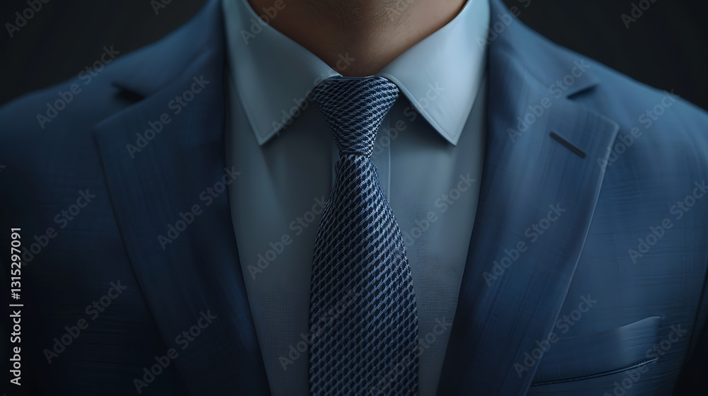 A man dressed in business attire, wearing a navy blue suit, a light blue dress shirt, and a silk tie. A man dressed in business attire, wearing a navy blue suit, a light blue dress shirt, and a silk tie.