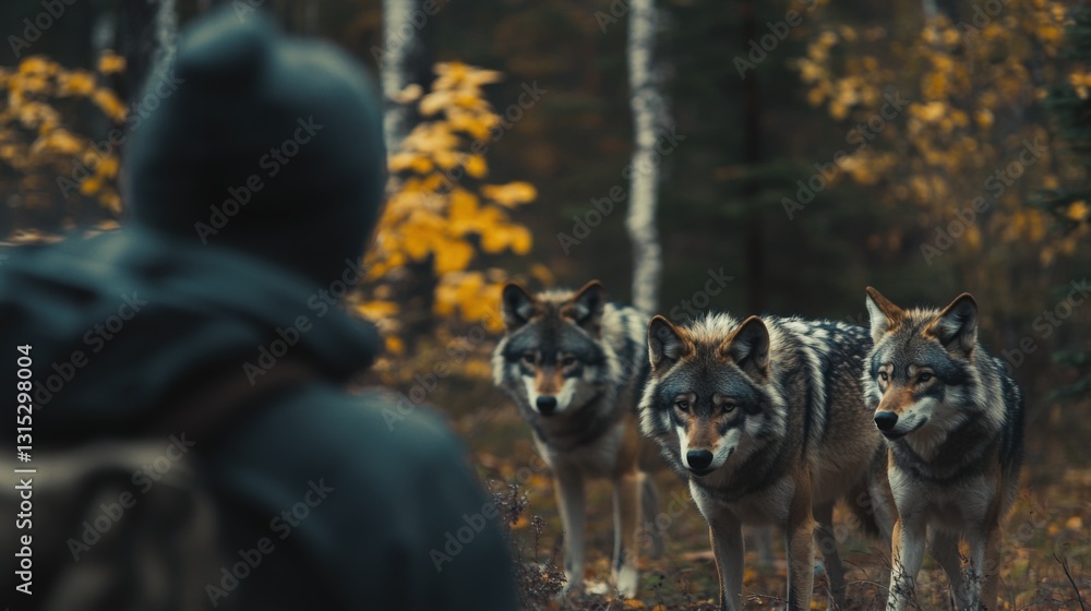 Person encounters a pack of wolves in an autumn forest.