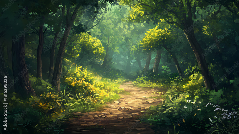 A serene forest pathway surrounded by lush trees and vibrant foliage, inviting nature lovers to explore and enjoy the tranquility. Whispering - Wind. Illustration A serene forest pathway surrounded by lush trees and vibrant foliage, inviting nature lovers to explore and enjoy the tranquility. Whispering - Wind. Illustration