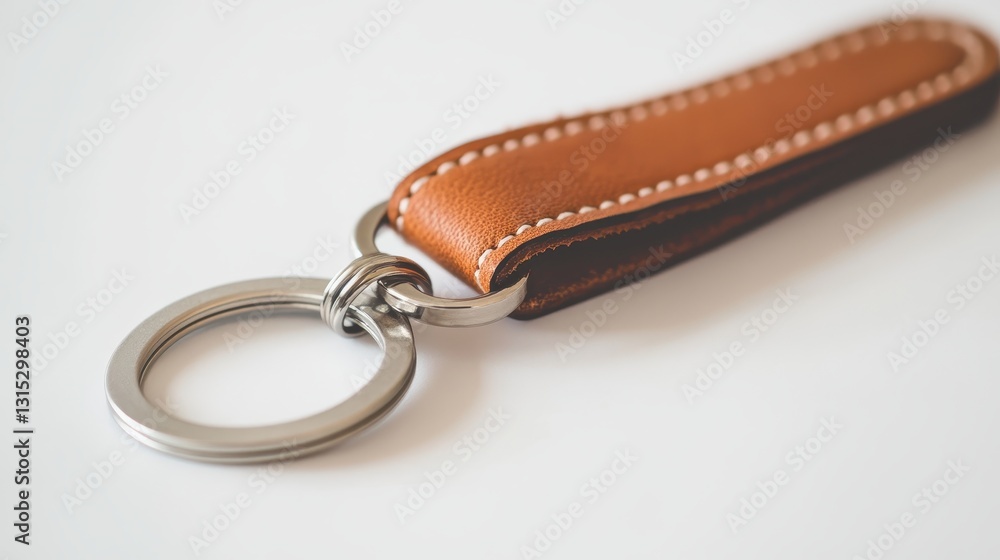 A premium leather keychain with a minimalist design, placed on a white surface, on a white isolated background A premium leather keychain with a minimalist design, placed on a white surface, on a white isolated background