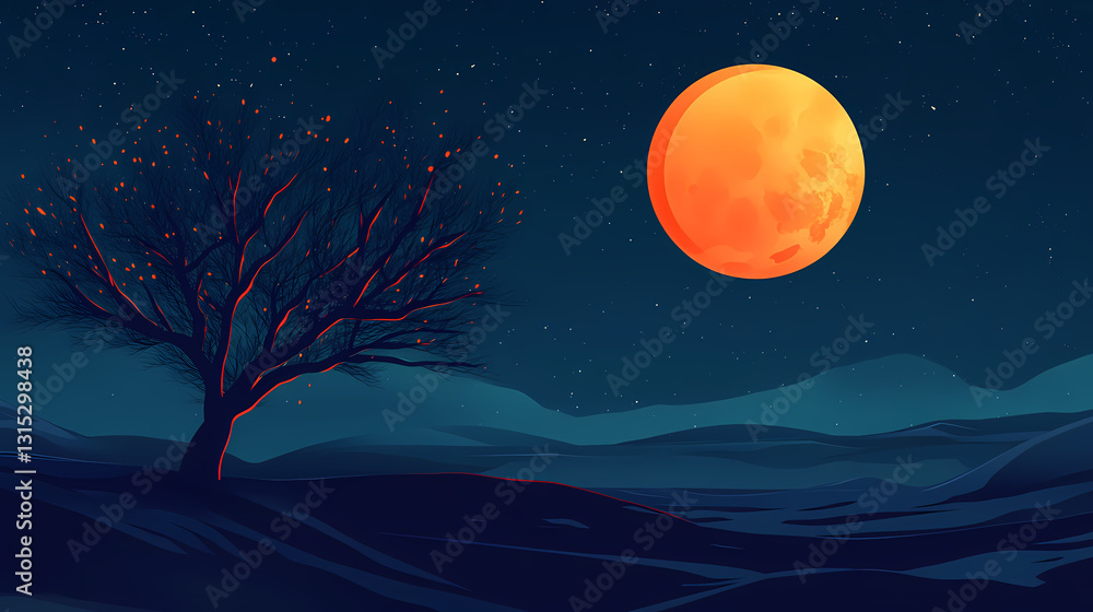 A stunning view of a bright orange moon shining against a dark night sky, creating a magical and serene atmosphere. Whispering - Wind. Illustration A stunning view of a bright orange moon shining against a dark night sky, creating a magical and serene atmosphere. Whispering - Wind. Illustration
