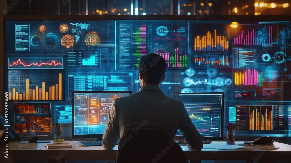 Data analyst working late night, surrounded by multiple displays showing various metrics and data visualizations Data analyst working late night, surrounded by multiple displays showing various metrics and data visualizations