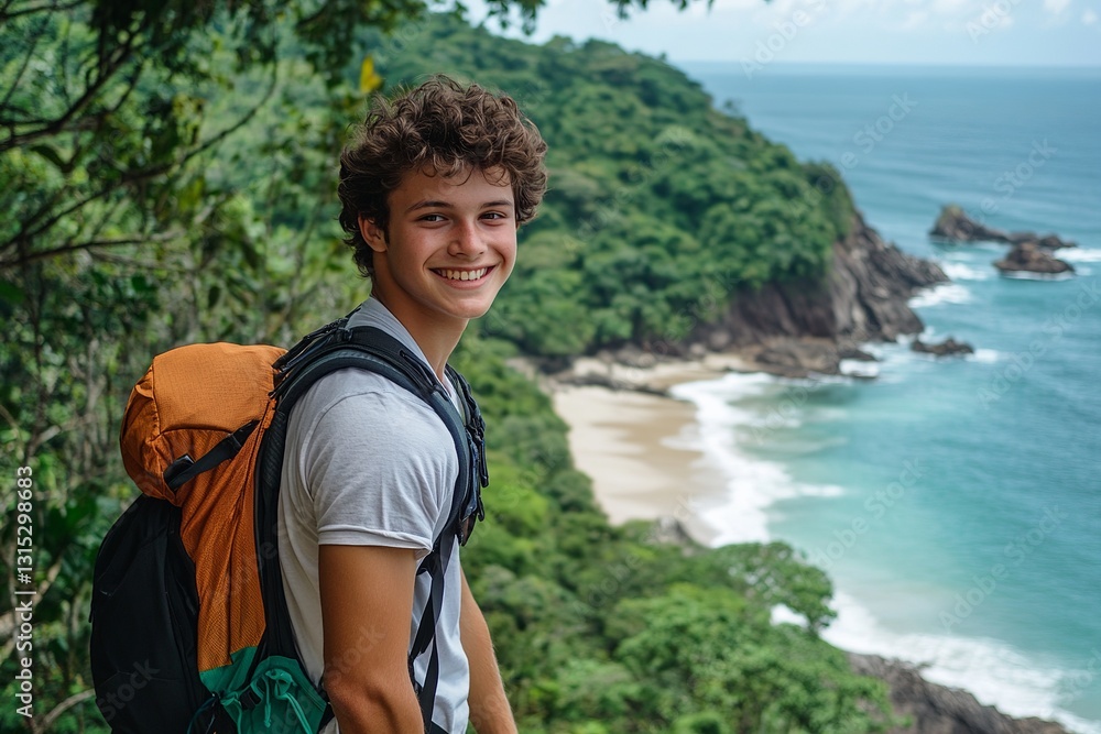 Naklejka premium Happy Young Man Traveler Backpack Ocean View Tropical Beach Smiling Adventurous Journey Summer Vacation Explore Nature Scenic Landscape Coastal Hiking