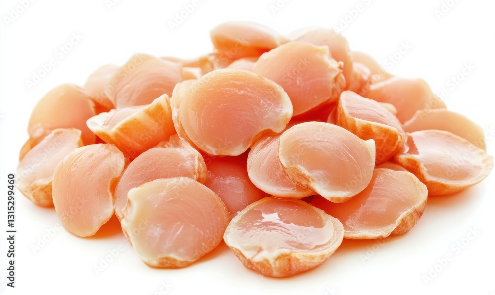 A pile of freshly shucked scallops in their shells, isolated on white background A pile of freshly shucked scallops in their shells, isolated on white background