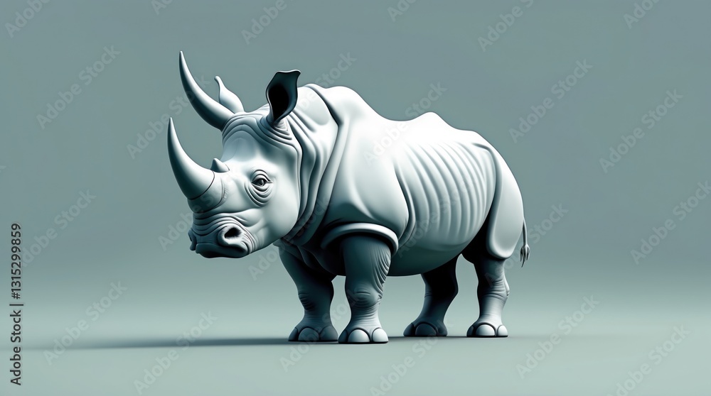 Fototapeta premium Detailed 3D Rendering of a Rhinoceros with Textured Skin and Prominent Horns for Wildlife, Cons
