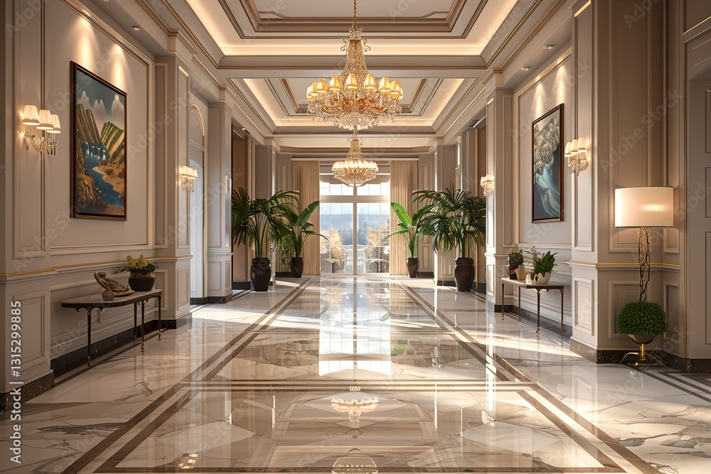 Fototapeta premium Ultra HD 3D render of an elegant and spacious hallway with marble floors, a statement chandelier, and fine art displayed on the walls, captured in high-definition photography quality for brochure use,