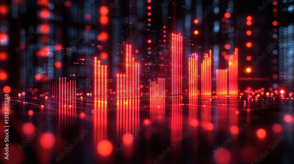 Red bars form glowing data graph, scattered bokeh, futuristic dark theme Red bars form glowing data graph, scattered bokeh, futuristic dark theme