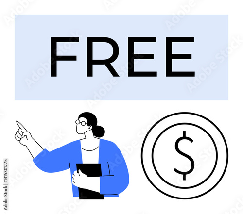Bold Free text, woman gesturing with folder, circular dollar icon. Ideal for promotions, discounts, advertising, savings, marketing campaigns affordability online commerce. Flat simple metaphor