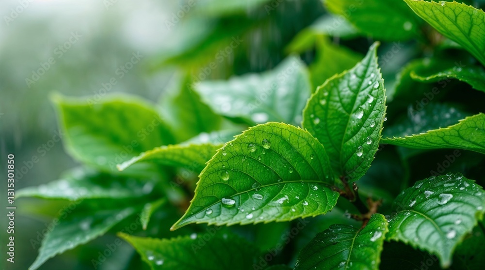 Rain-Kissed Greenery: Up-close photograph of vibrant, lush green leaves glistening with droplets of rain, showcasing nature's refreshing touch and delicate beauty Rain-Kissed Greenery: Up-close photograph of vibrant, lush green leaves glistening with droplets of rain, showcasing nature's refreshing touch and delicate beauty