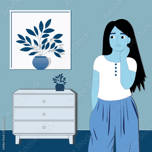 A blue and white poster with a girl and a dresser