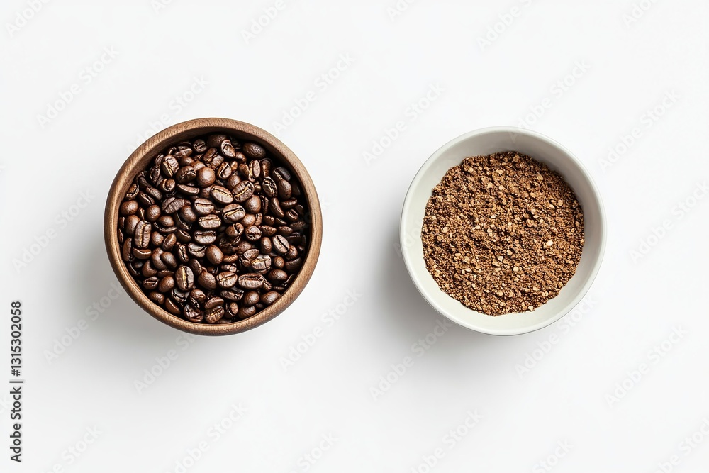 Roasted Coffee Beans Ground Coffee Powder Espresso Brown Dark Rich Aromatic Beverage Caffeine Energy Drink Wooden Bowl White Bowl Top View Still Life Roasted Coffee Beans Ground Coffee Powder Espresso Brown Dark Rich Aromatic Beverage Caffeine Energy Drink Wooden Bowl White Bowl Top View Still Life