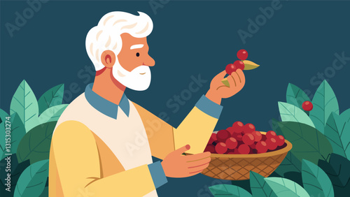 With skilled hands and attentive eyes an older man inspects each coffee cherry before carefully plucking the ripest ones and dropping them into his woven basket.. Vector illustration