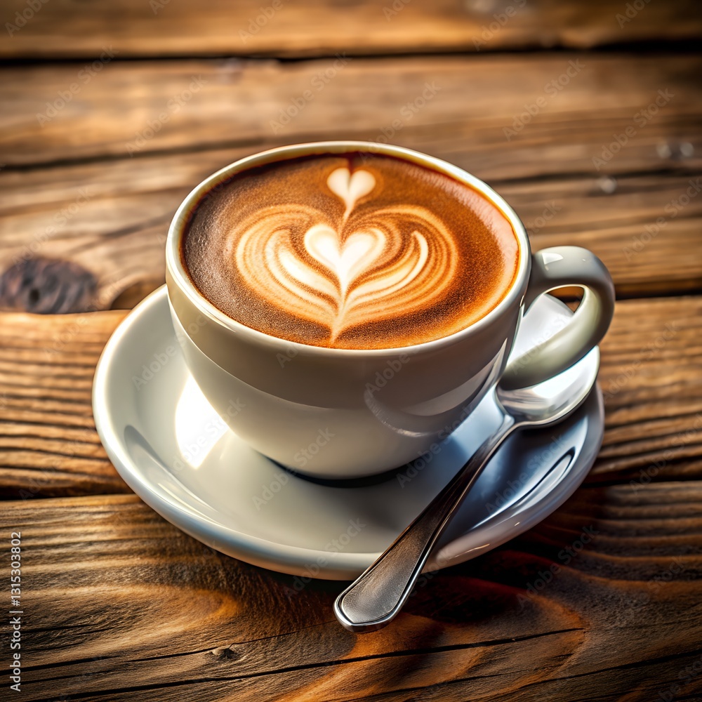 A Perfect Cappuccino, A Heart-shaped Latte Art Design Warming A Cozy Morning On A Rustic Wooden Table With Soft Sunlight A Perfect Cappuccino, A Heart-shaped Latte Art Design Warming A Cozy Morning On A Rustic Wooden Table With Soft Sunlight