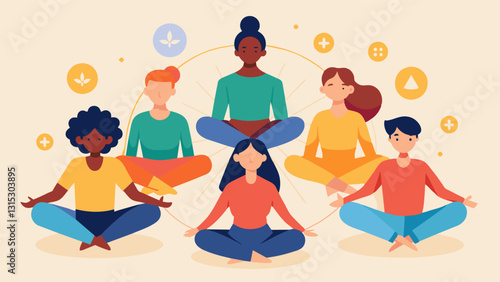 Each person brings their own unique energy and intention to the meditation circle creating a diverse and vibrant energy within the group.. Vector illustration