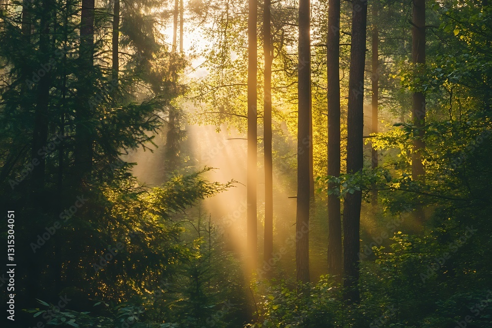 Obraz premium Golden Sunlight Piercing the Misty Forest