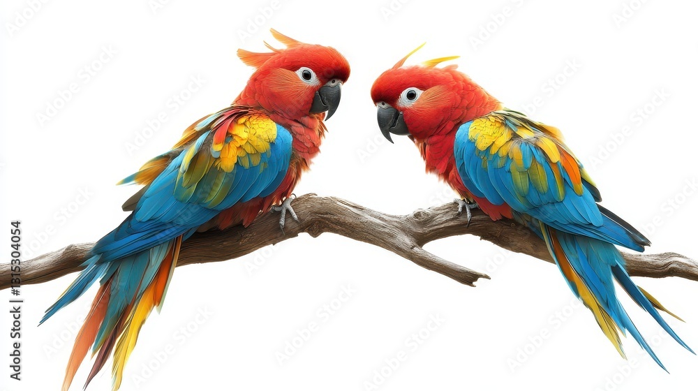 Obraz premium A pair of lovebirds perched on a branch, with vibrant feathers, on a white isolated background