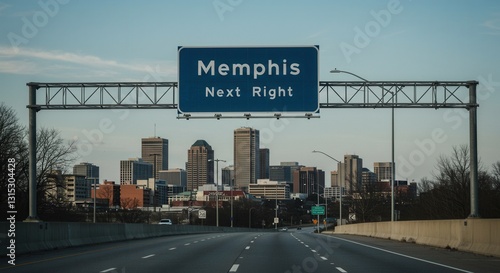 Driving Towards Memphis Tennessee Skyline with Road Sign Ahead